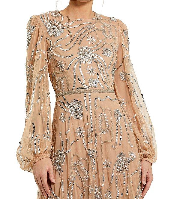 Mac Duggal Embellished Mesh High Neck Puff Sleeves Sequin A-Line Gown Product Image