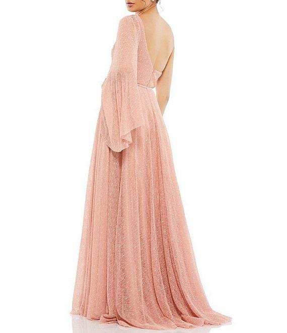 Mac Duggal Lace Asymmetrical One Shoulder Overlay Flutter Sleeve A-Line Gown Product Image
