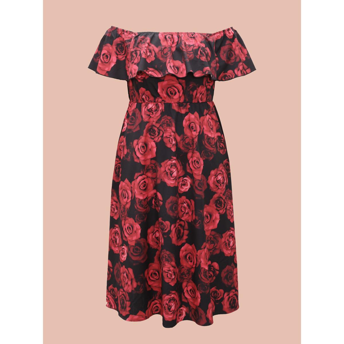 Plus Size Off-Shoulder Rose Pattern Ruffled Dress BlackFlower Women Elegant Ruffles One-shoulder neck Short sleeve Curvy BloomChic 30/6X Product Image
