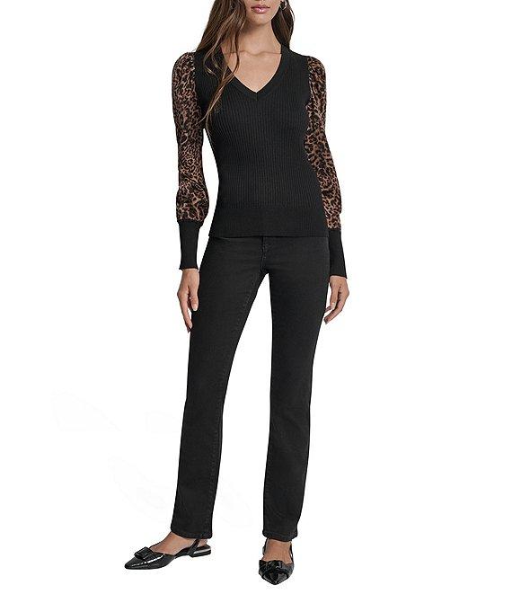 DKNY by Donna Karan Knit Mix Media Cheetah Print Puff Long Sleeve Top Product Image