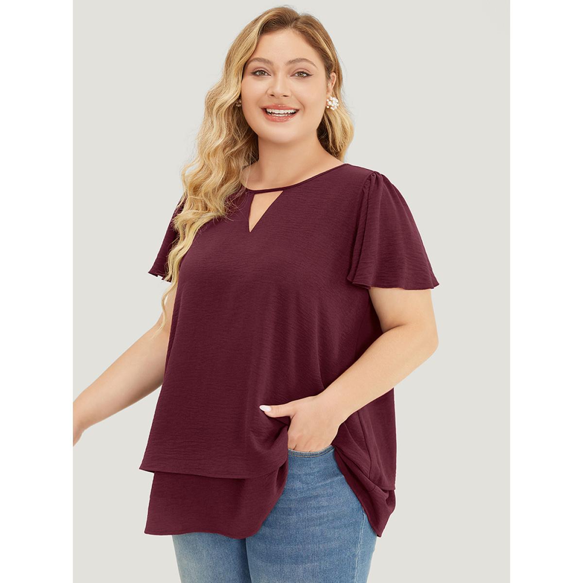 Plus Size Scarlet Solid Flutter Sleeve Keyhole Layered Hem Blouse Women Office Short sleeve V-neck Work Blouses BloomChic 18-20/2X Product Image