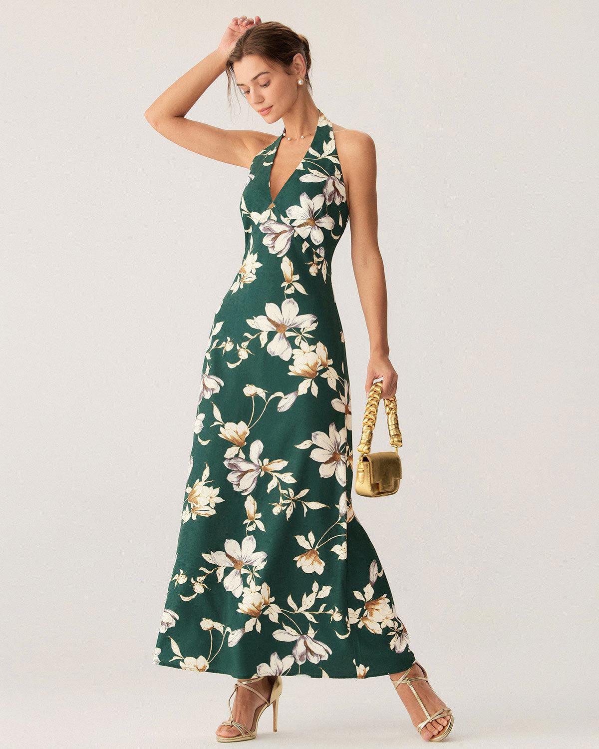 Green Floral Halter Maxi Dress Product Image