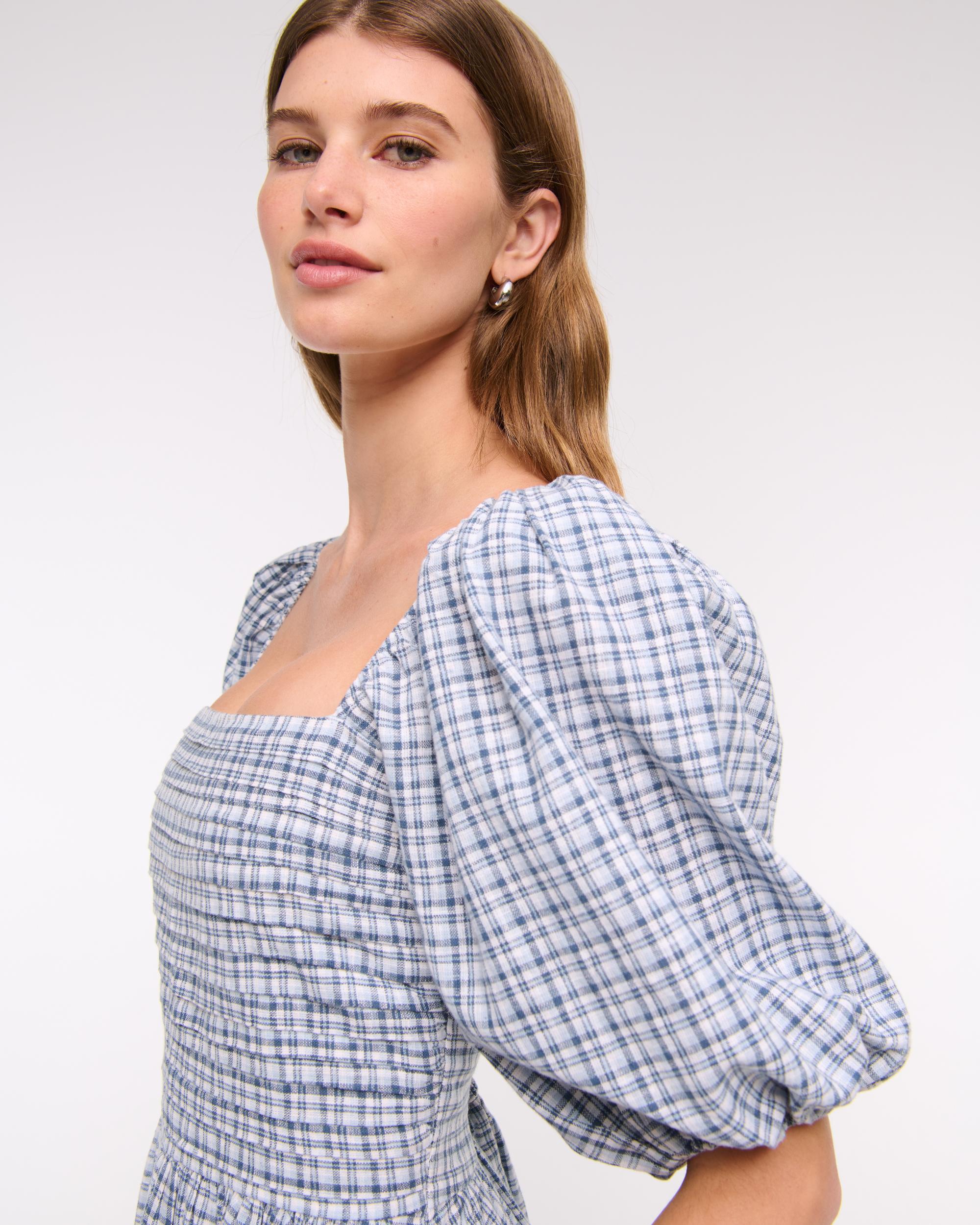 The A&F Emerson Linen-Blend Puff Sleeve Midi Dress Product Image