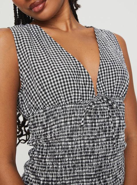 Solving Shirred Mini Dress Black Gingham Product Image