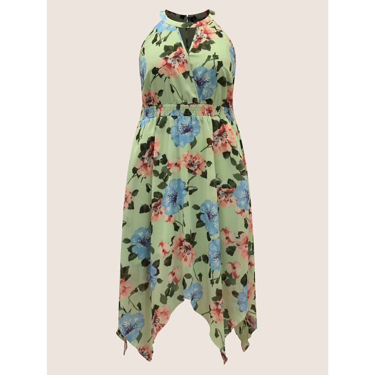 Plus Size Floral Shirred Asymmetrical Hem Sleeveless Dress Palemauve Women Elegant Asymmetrical Round Neck Sleeveless Curvy BloomChic 28/5X Product Image