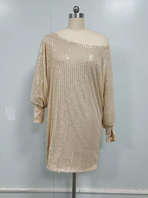 A-Line Loose Asymmetric Sequined Solid Color One-Shoulder Mini Dresses Product Image