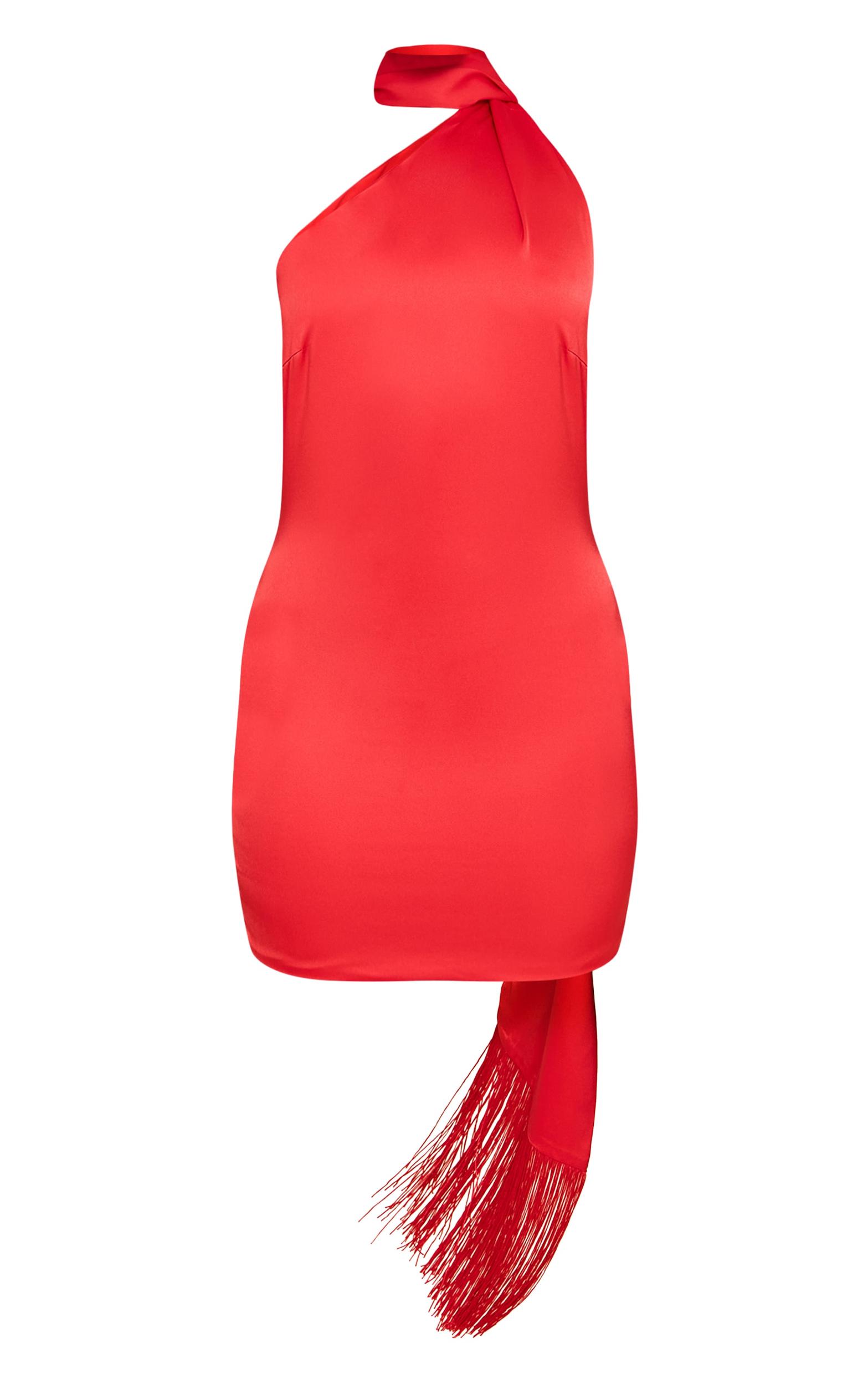 Red Satin Wrap Fringe Detail Mini Dress Product Image