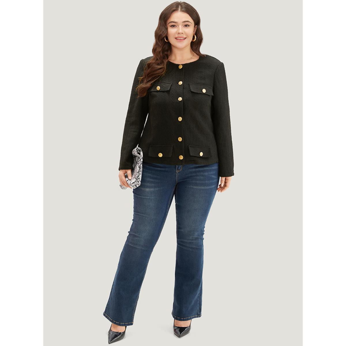 Plus Size Plain Tweed Texture Buckle Detail Blazer Women Black Texture Office Jackets BloomChic 10/M Product Image