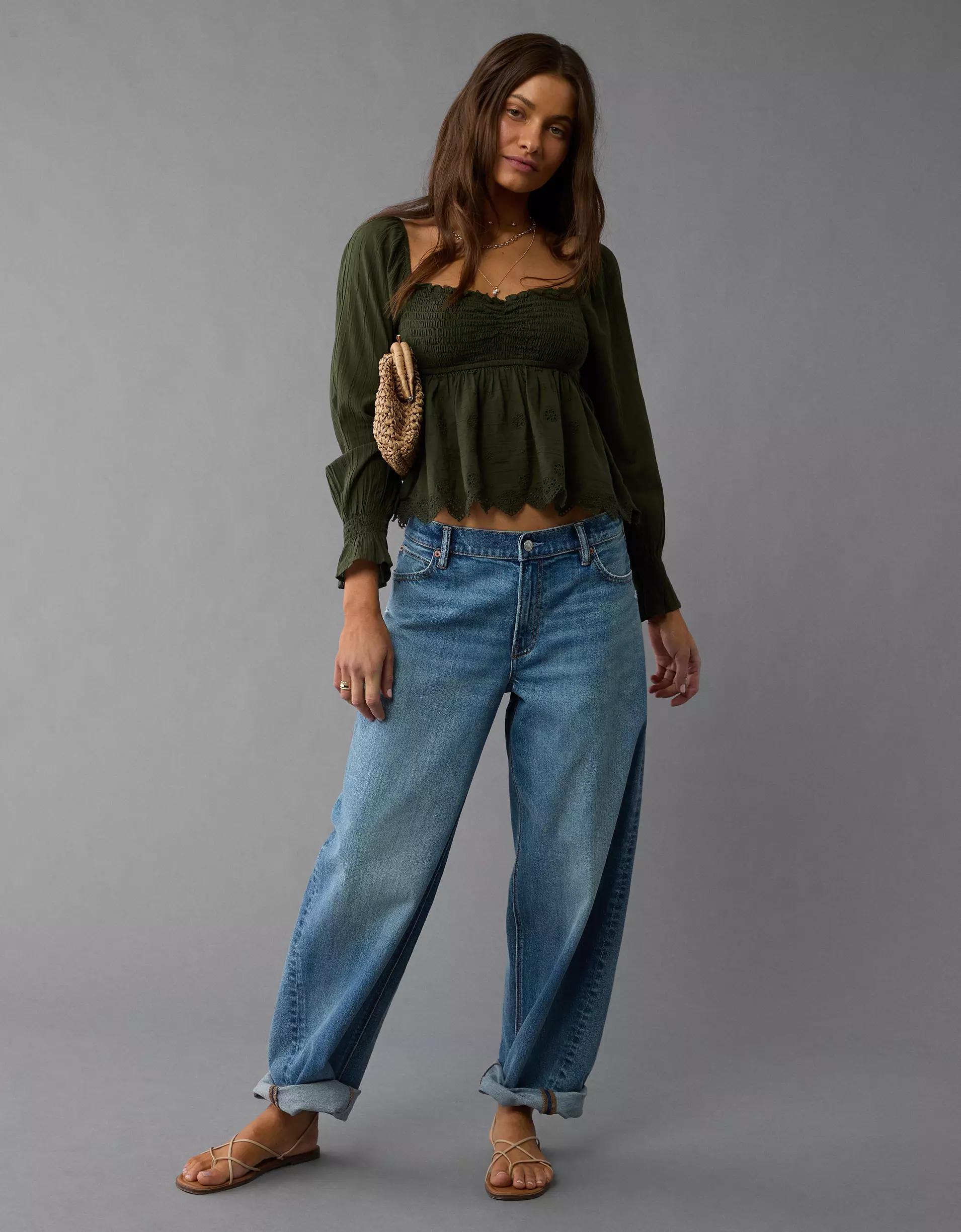 AE Long-Sleeve Smocked Babydoll Blouse Product Image