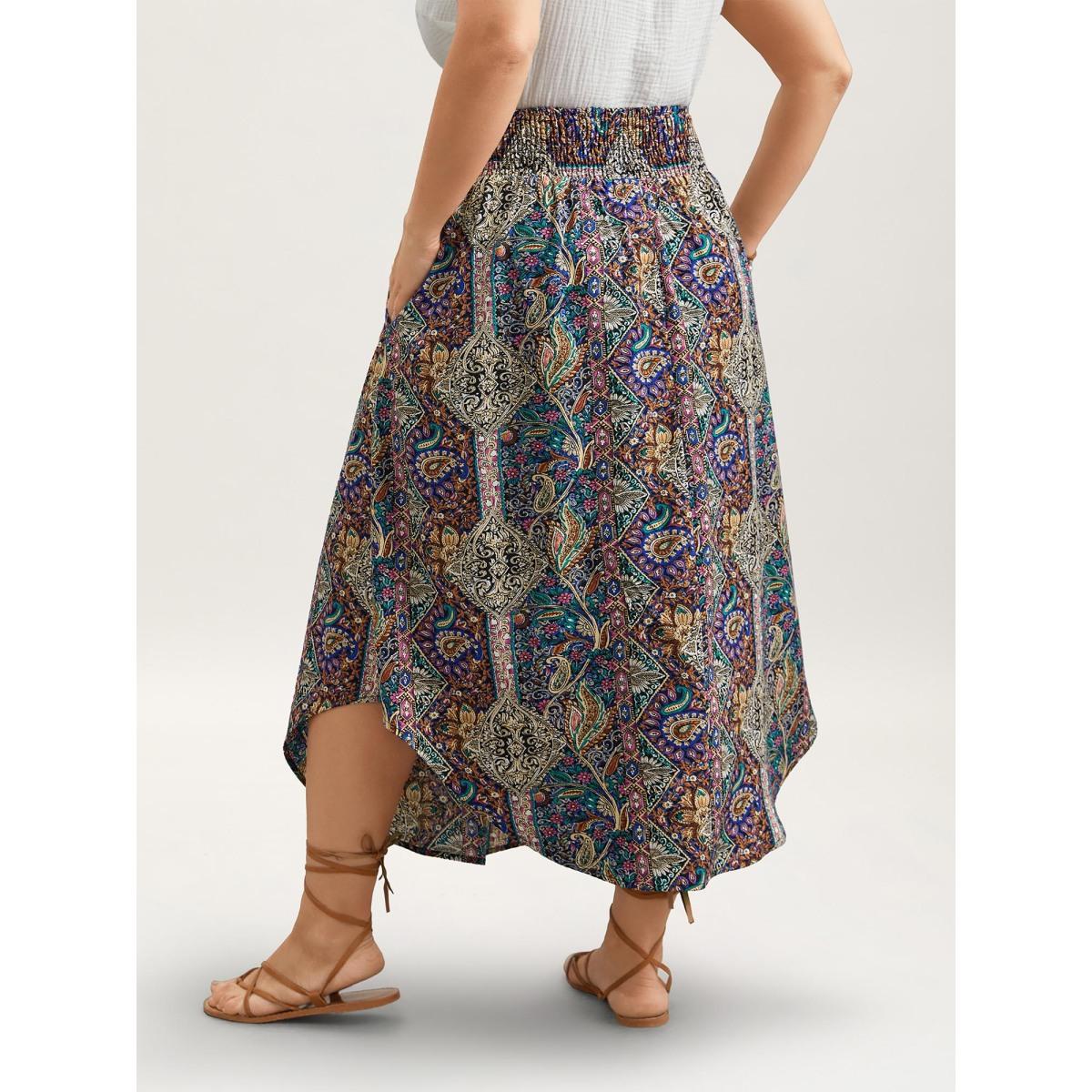 Plus Size Boho Print Shirred Waist Midi Skirt Women Multicolor Boho Tie knot Loose No stretch Side seam pocket Vacation Skirts BloomChic 18-20/2X Product Image