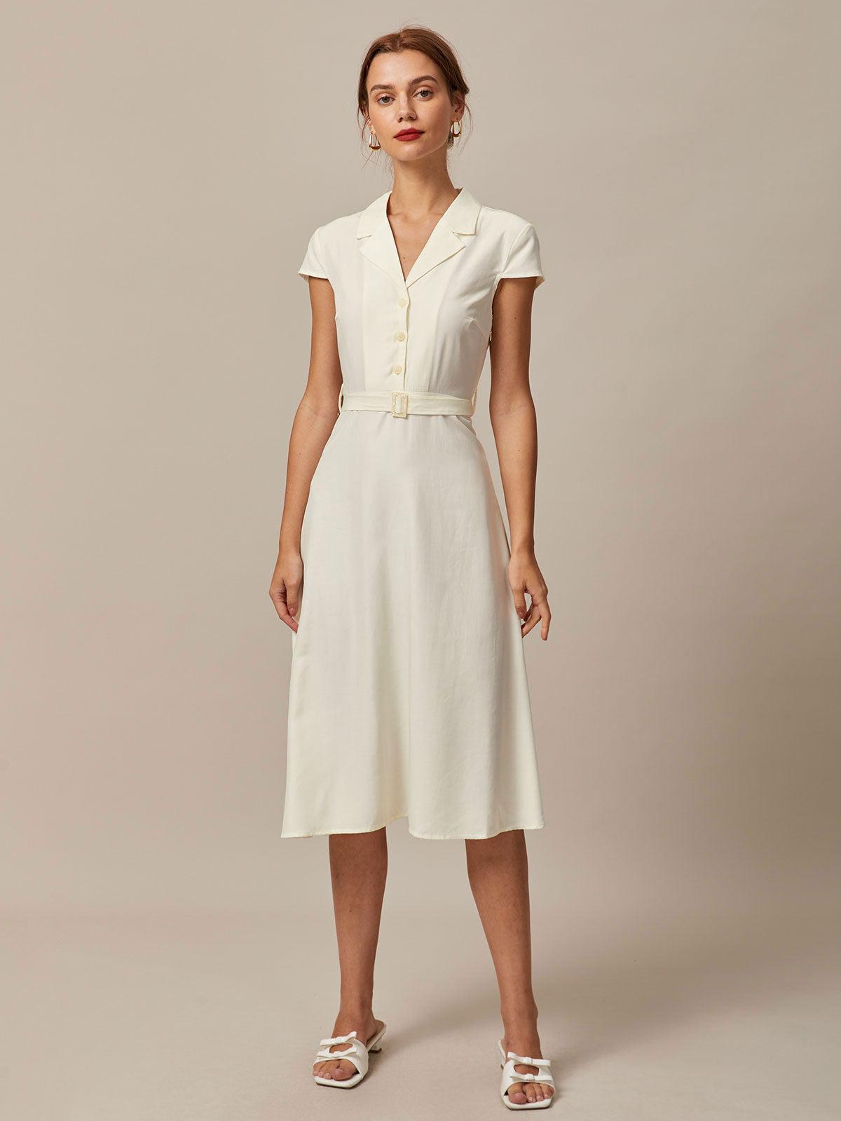 The Beige Lapel Cap Sleeve Shirt Midi Dress Product Image