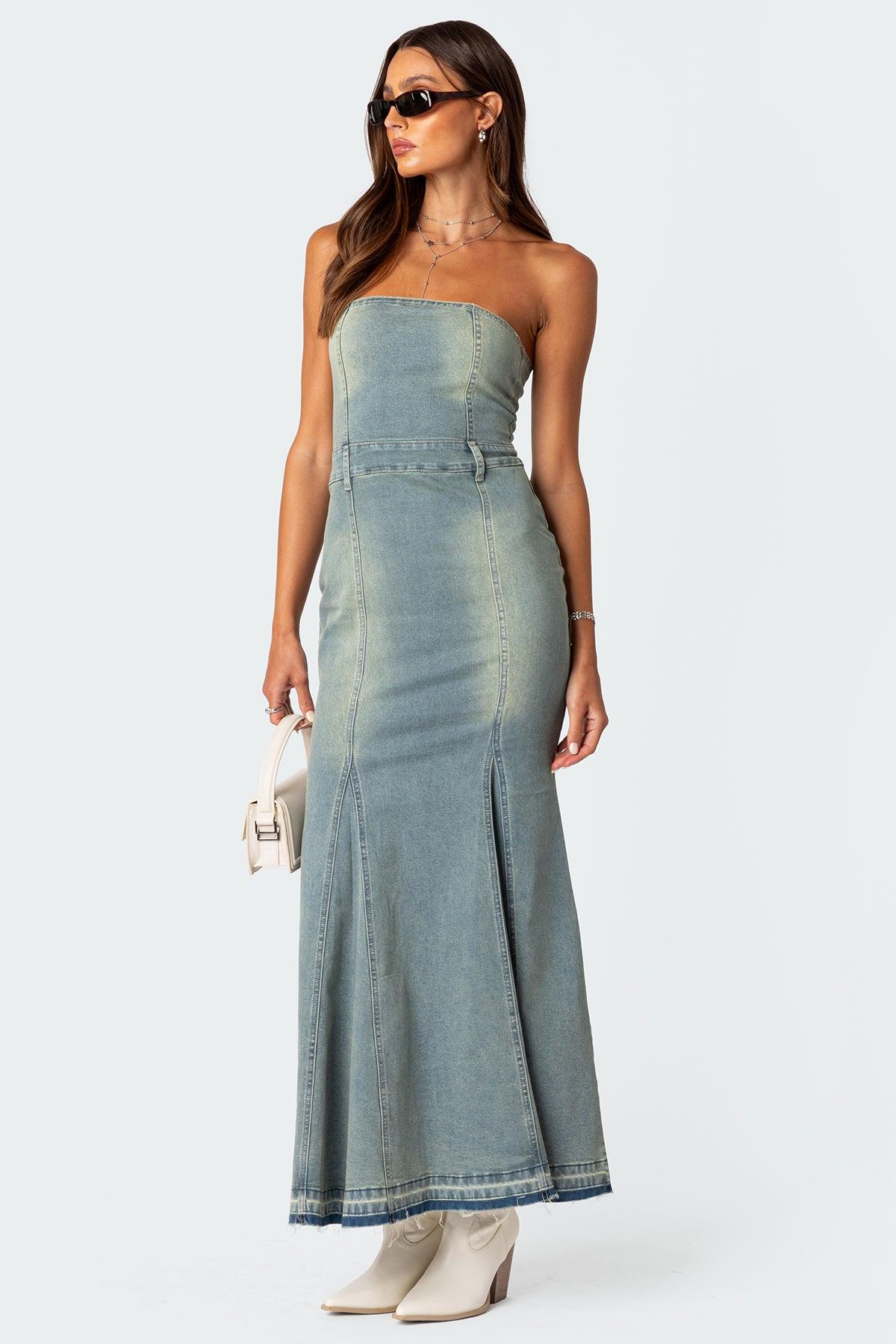 Astoria Slitted Denim Maxi Dress Product Image
