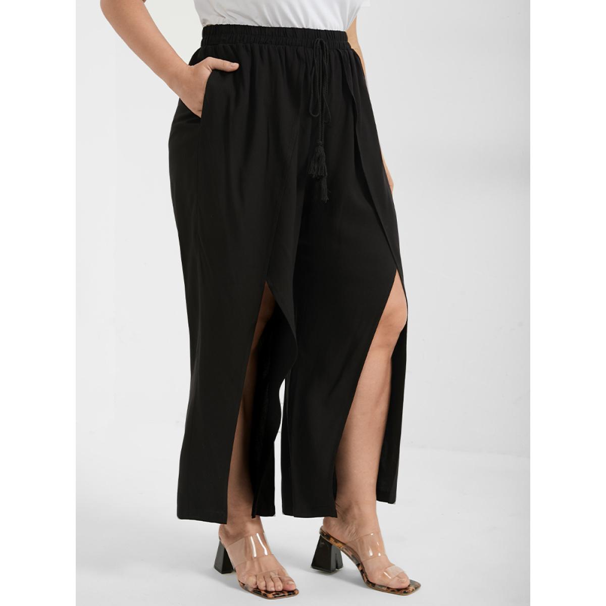 Plus Size Solid Wrap Split Pocket Knot Waist Pants Women Black Casual Wide Leg High Rise Dailywear Pants BloomChic 10/M Product Image
