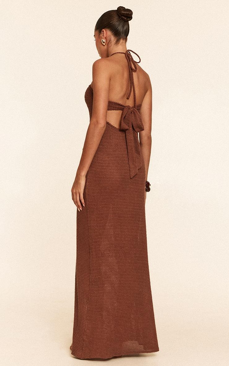 Mocha Crochet Bead Trim Halter Neck Maxi Beach Dress Product Image