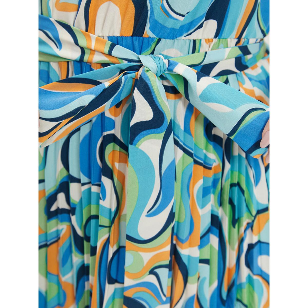 Plus Size Water Ripple Print V Neck Belted Plicated Detail Tank Dress Blue Women Elegant Belted V-neck Sleeveless Curvy Midi Dress BloomChic 18-20/2X Product Image