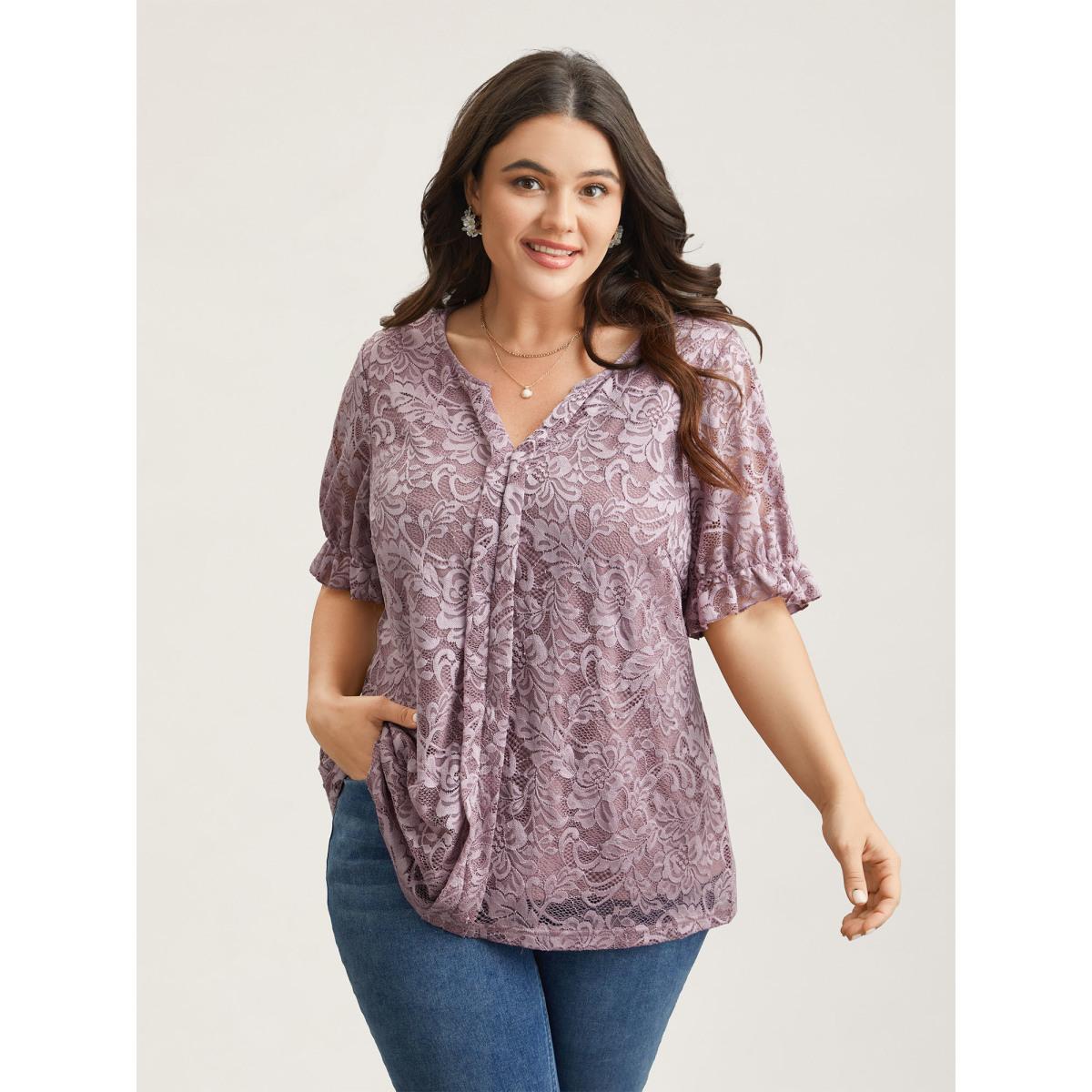 Plus Size Heather Lace Ruffled Puff Sleeve Shirt Women Elegant Short sleeve Notched collar Everyday Blouses BloomChic 10/M Product Image