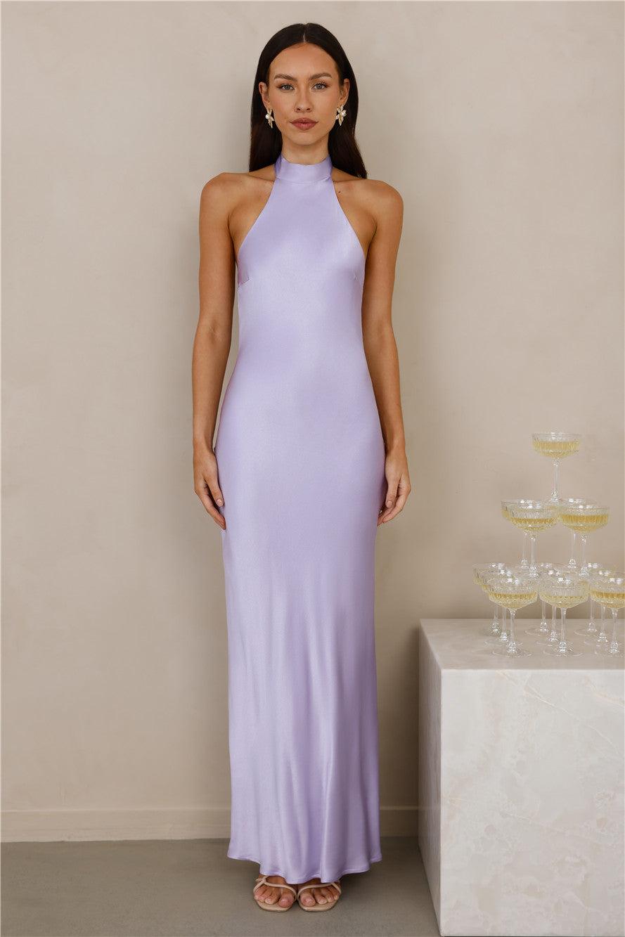 The Cleo Halter Satin Maxi Dress Lilac Product Image