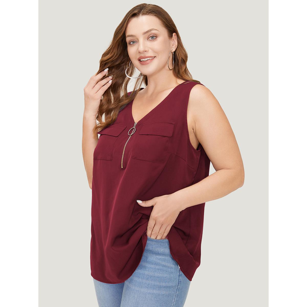 Plus Size Solid Half Zipper Flap Detail Tank Top Women Burgundy Casual Zipper V-neck Dailywear Tank Tops Camis BloomChic 22-24/3X Product Image