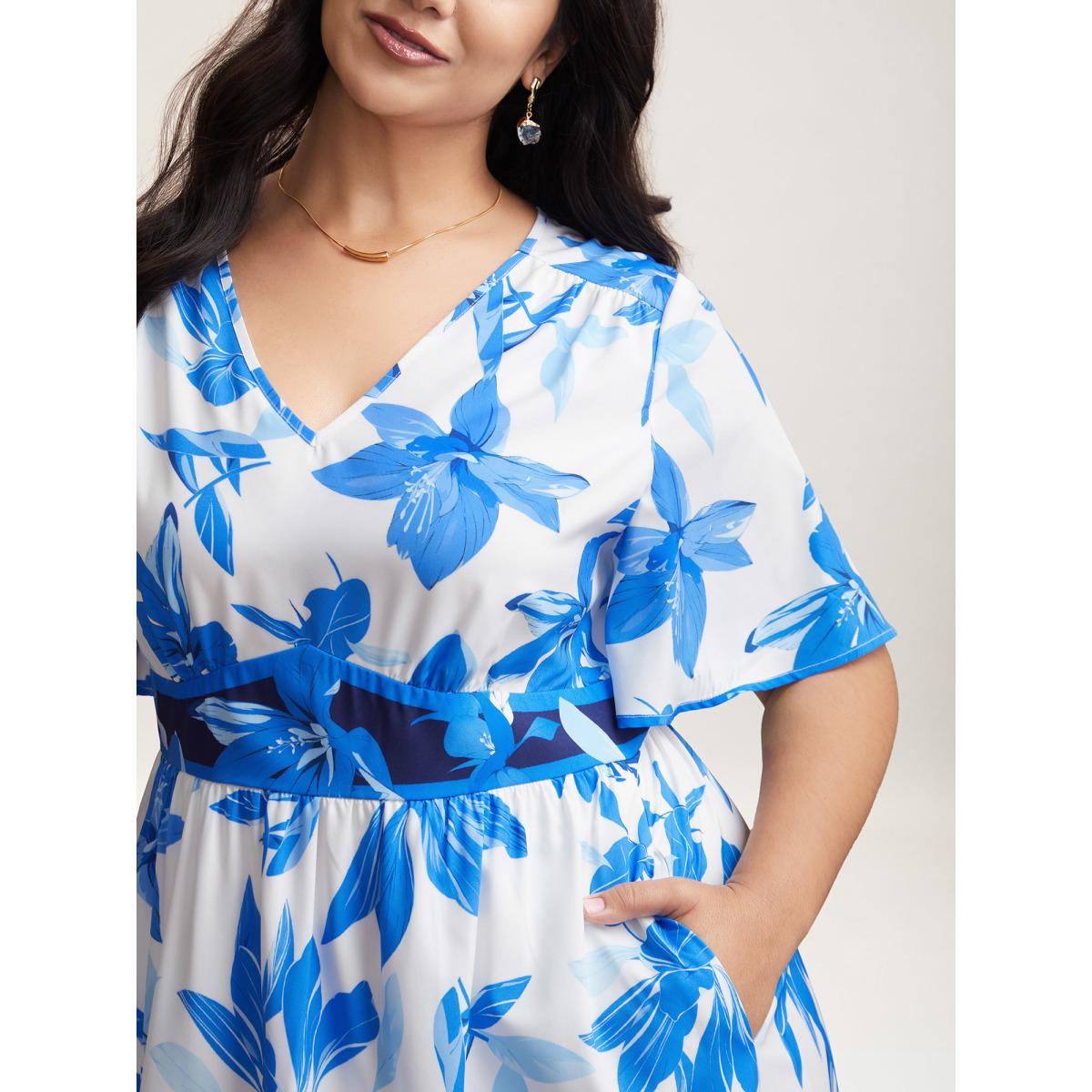 Plus Size Positioned Floral Waist-Cinched Midi Dress DarkBlue Women Elegant Gathered V-neck Half Sleeve Curvy BloomChic 22-24/3X Product Image