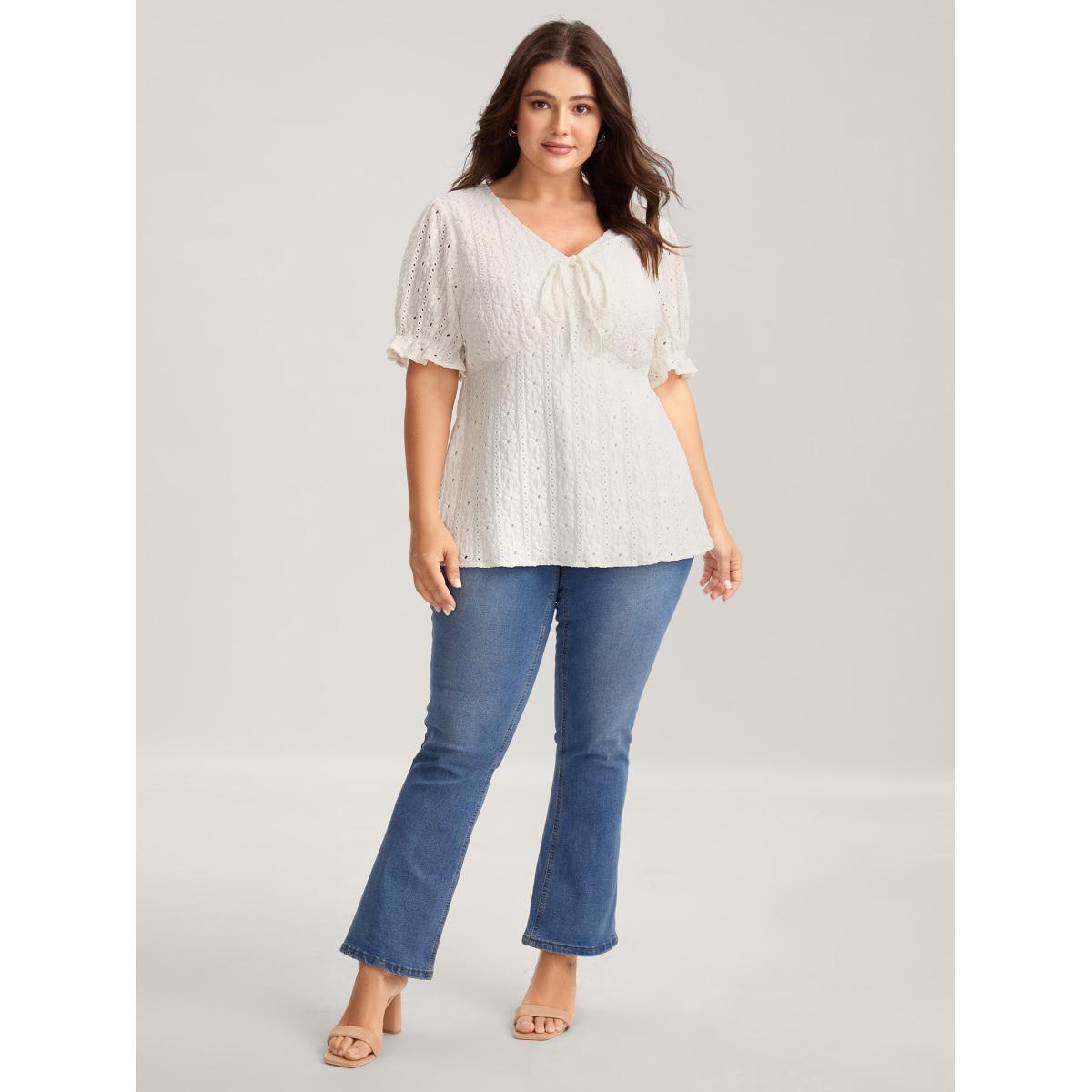 Plus Size Ivory Textured Eyelet Embroidered Solid Blouse Women Short sleeve V-neck Everyday-Elegant Blouses BloomChic 30/6X Product Image