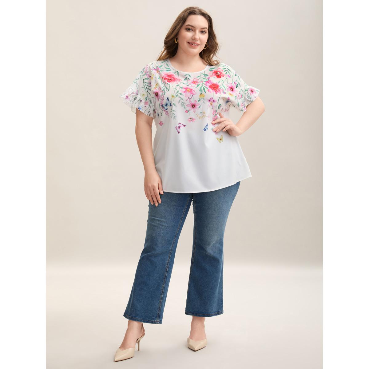 Plus Size Opticwhite Floral Bodice Round Neck Flared Blouse Women Elegant Short sleeve Round Neck Everyday-Elegant Blouses BloomChic 10/M Product Image