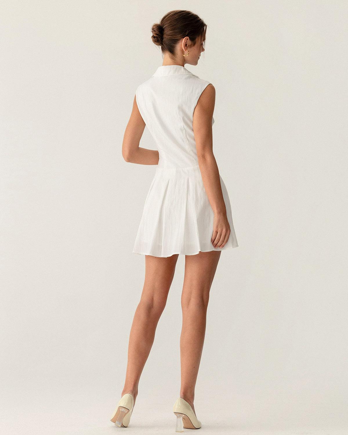 White Button A-Line Sleeveless Mini Dress Product Image