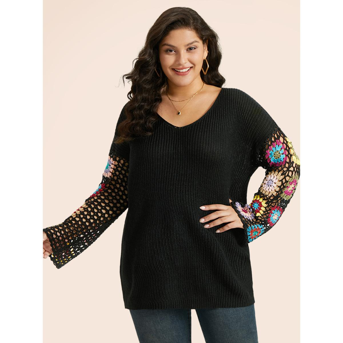 Plus Size Floral Embroidered Hollow Out Pullover Black Women Leisure Long Sleeve V-neck Casual Pullovers BloomChic 30/6X Product Image