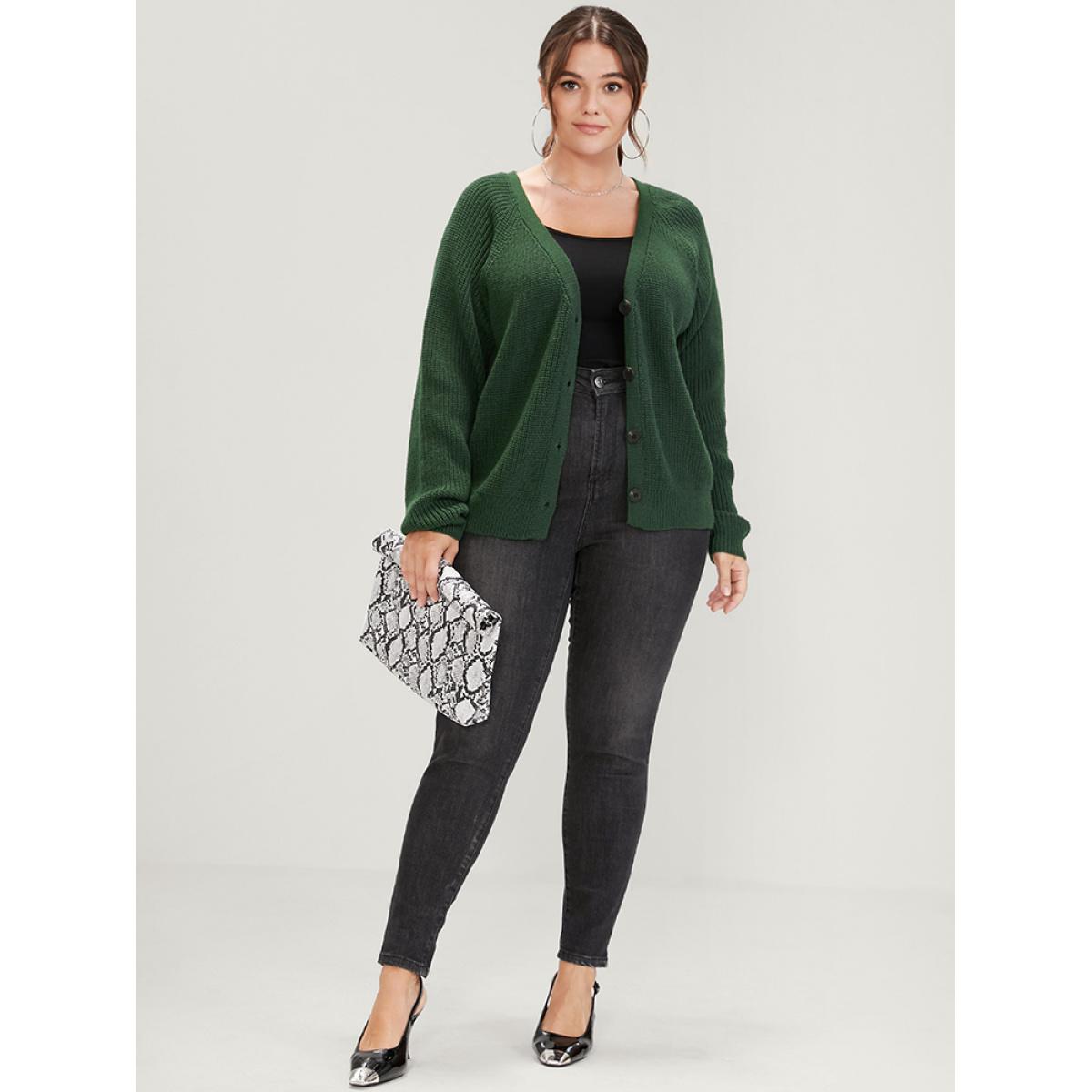 Plus Size Solid Pointelle Knit Raglan Sleeve Button Front Cardigan DarkGreen Women Elegant Loose Long Sleeve Dailywear Cardigans BloomChic 28/5X Product Image