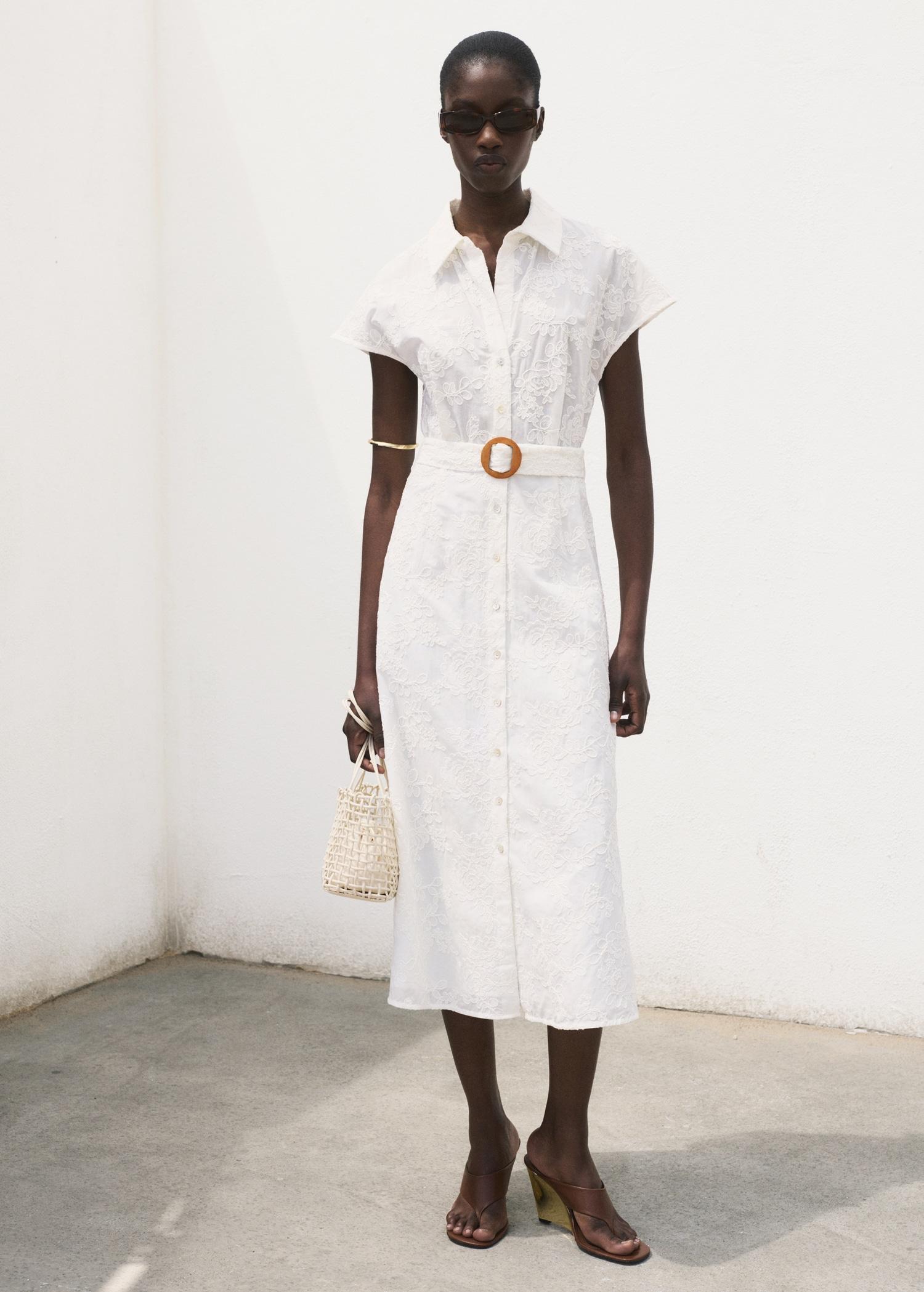 Embroidered shirt dress with belt - Women | MANGO USA Product Image