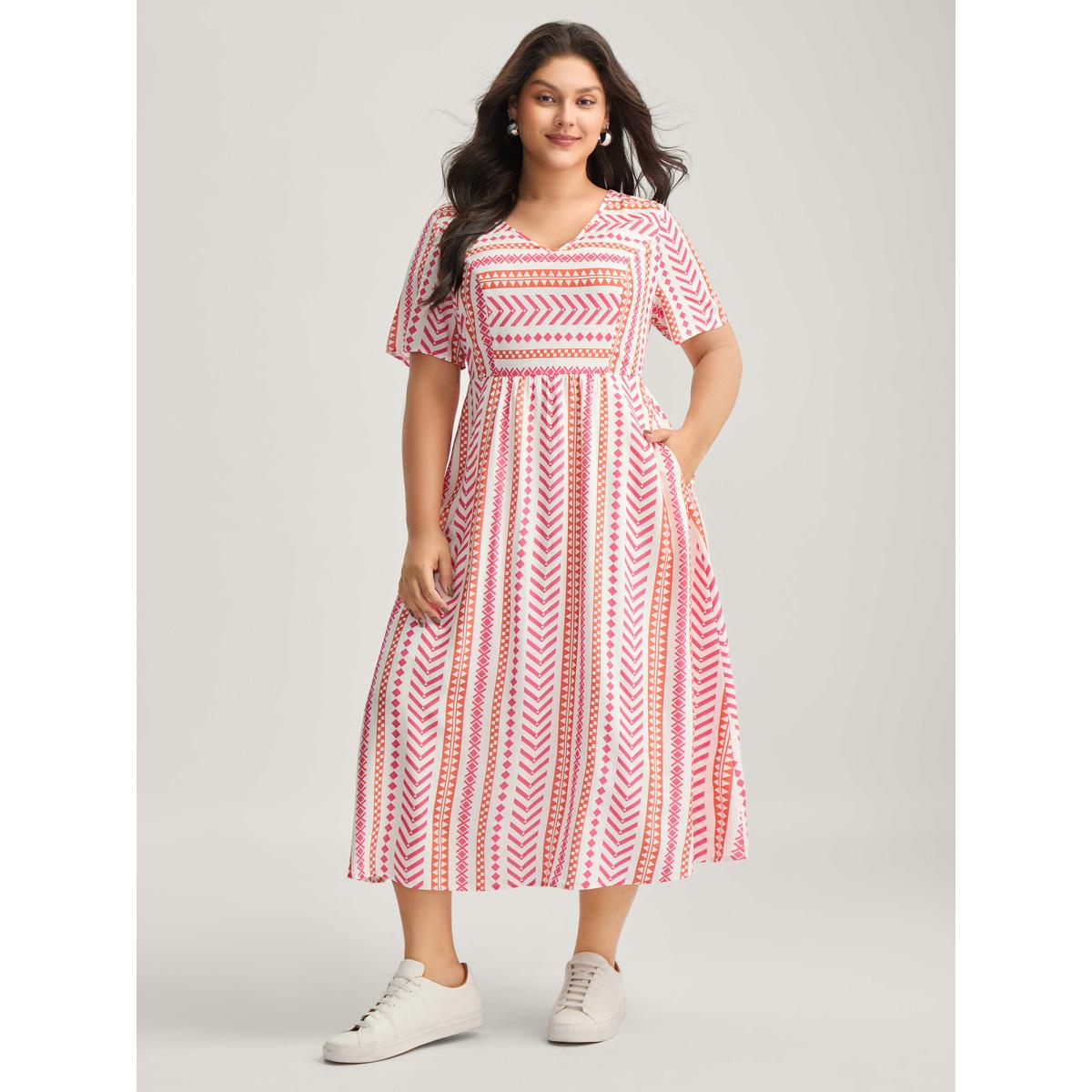 Plus Size Geometric Stripes V-Neck Midi Dress Watermelon Women Non V-neck Short sleeve Curvy BloomChic 28/5X Product Image