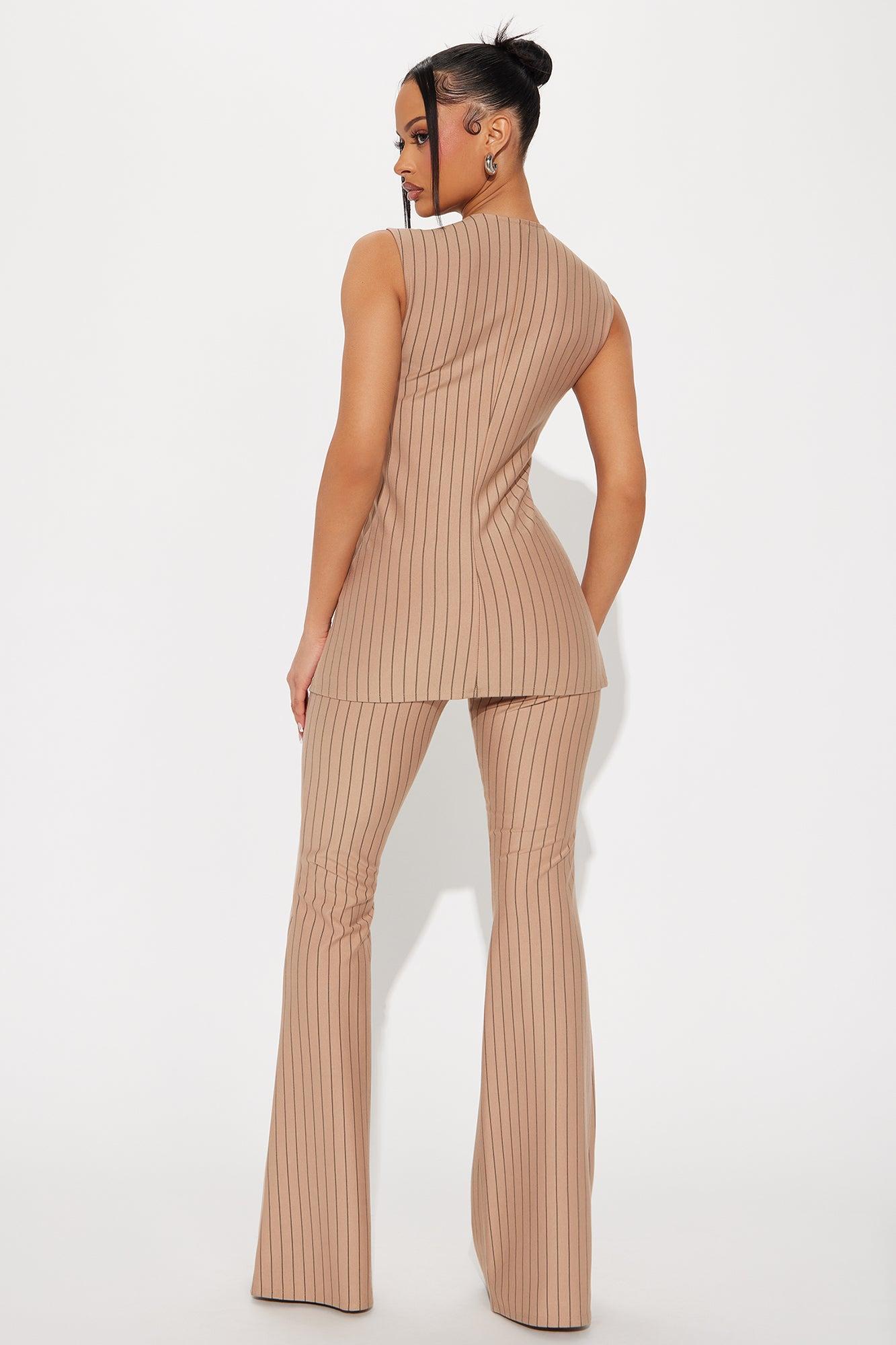 Like A Boss Pinstripe Vest And Pant Set - Taupe Product Image