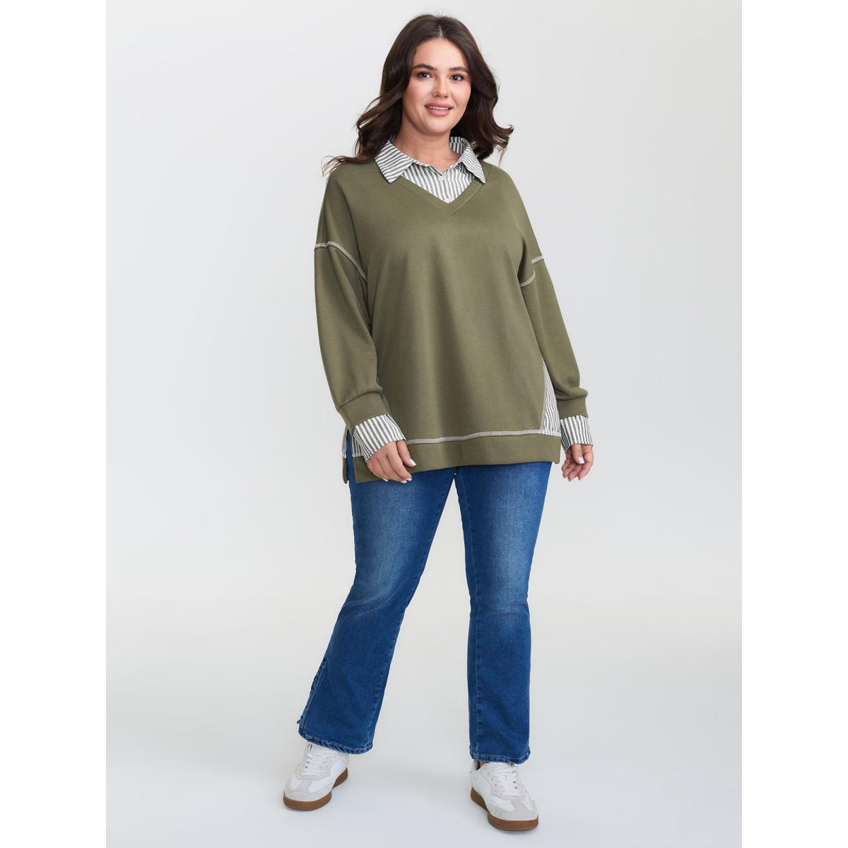 Plus Size 2-In-1 Stripe Drop Shoulder Sweatshirt Women Sage Leisure Contrast Shirt collar Casual Sweatshirts BloomChic 12/L Product Image