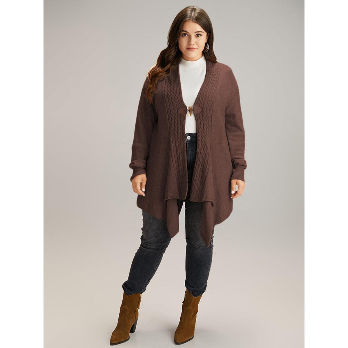 Plus Size Supersoft Essentials Textured Asymmetrical Duffle Button Cardigan DarkBrown Women Casual Loose Long Sleeve Dailywear Cardigans BloomChic 18-20/2X Product Image