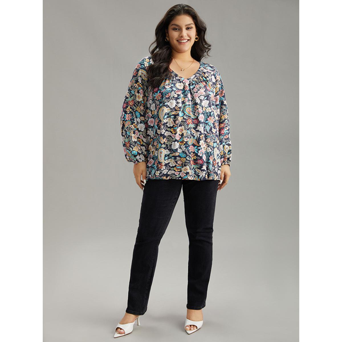 Plus Size Indigo Paisley Lantern Sleeve Gathered Blouse Women Elegant Long Sleeve V-neck Dailywear Blouses BloomChic 28/5X Product Image