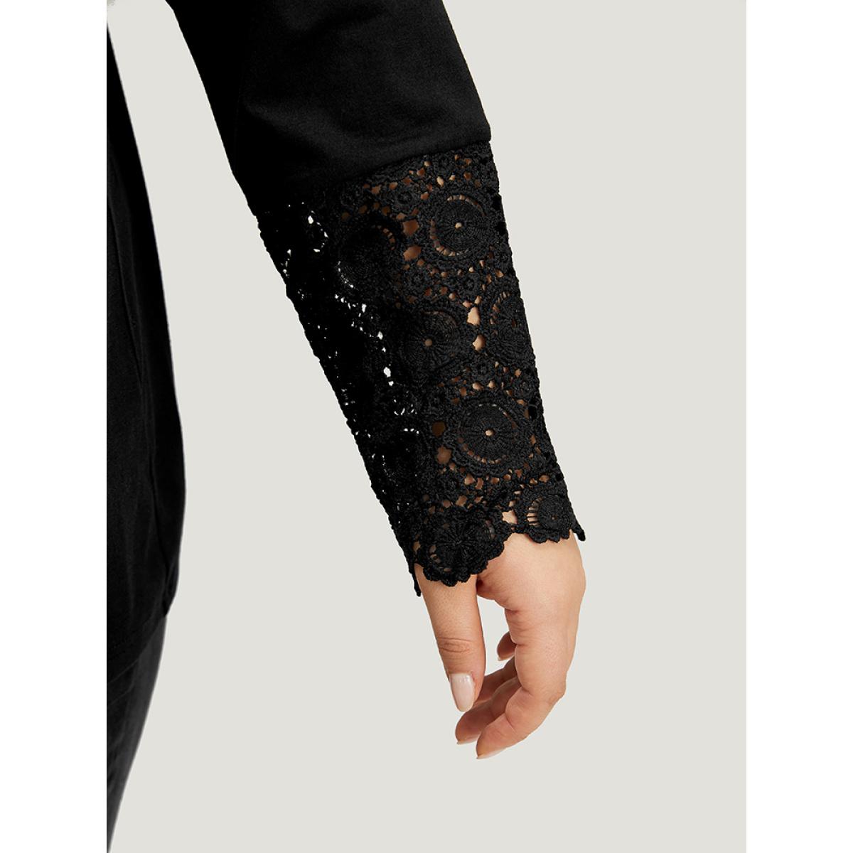 Plus Size Halloween Solid Round Neck Button Up Lace Panel T-shirt Black Women Elegant Plain Plain Open Front Everyday T-shirts BloomChic 26/4X Product Image