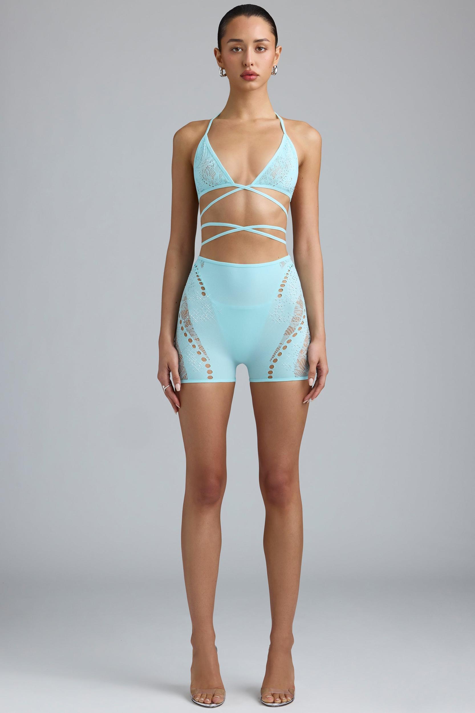 Embellished Mid-Rise Mini Skirt in Ice Blue Female Product Image