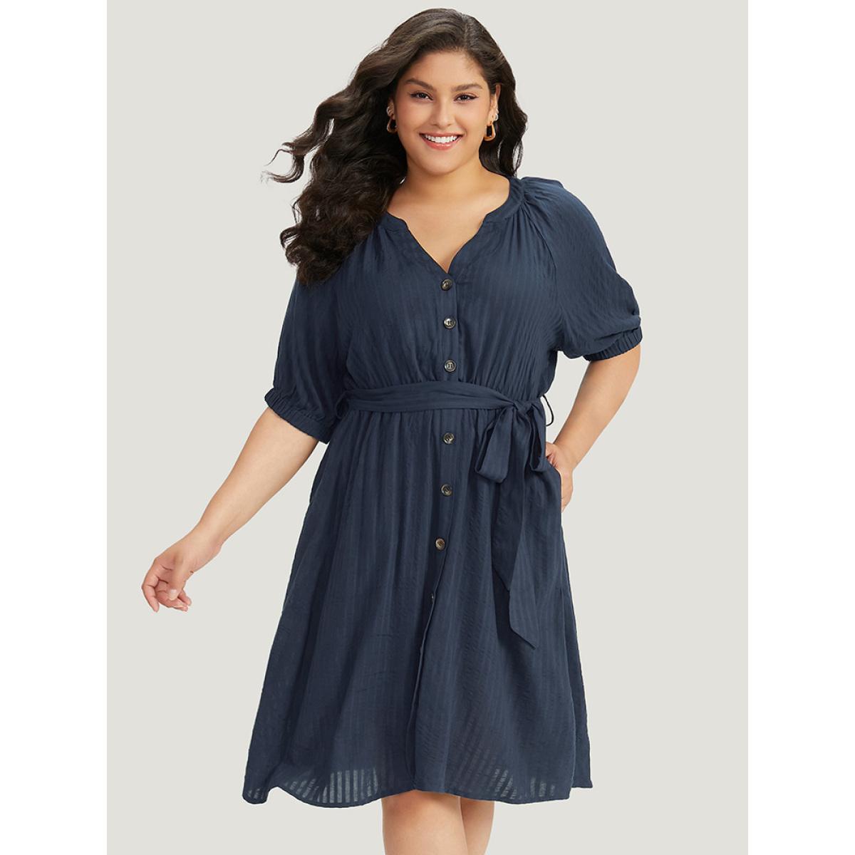 Plus Size Solid Button Through Notched Belted Dress Navy Women Office Elastic cuffs Notched collar Short sleeve Curvy Midi Dress BloomChic 30/6X Product Image