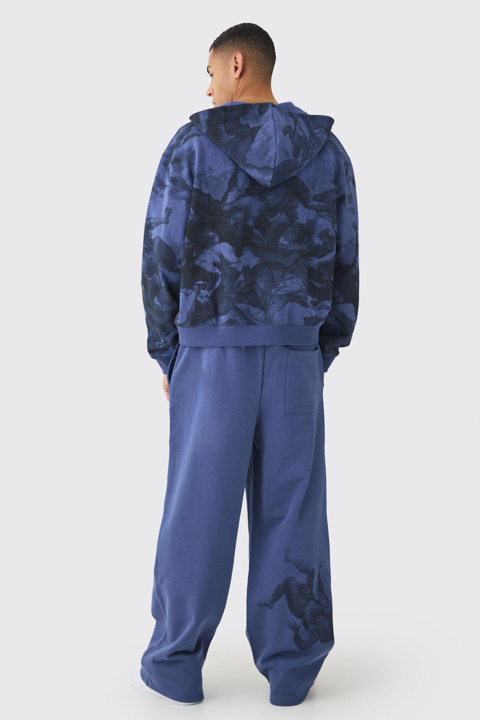 Oversized Boxy Zip Through Renaissance Print Hooded Tracksuit | boohooMAN USA Product Image