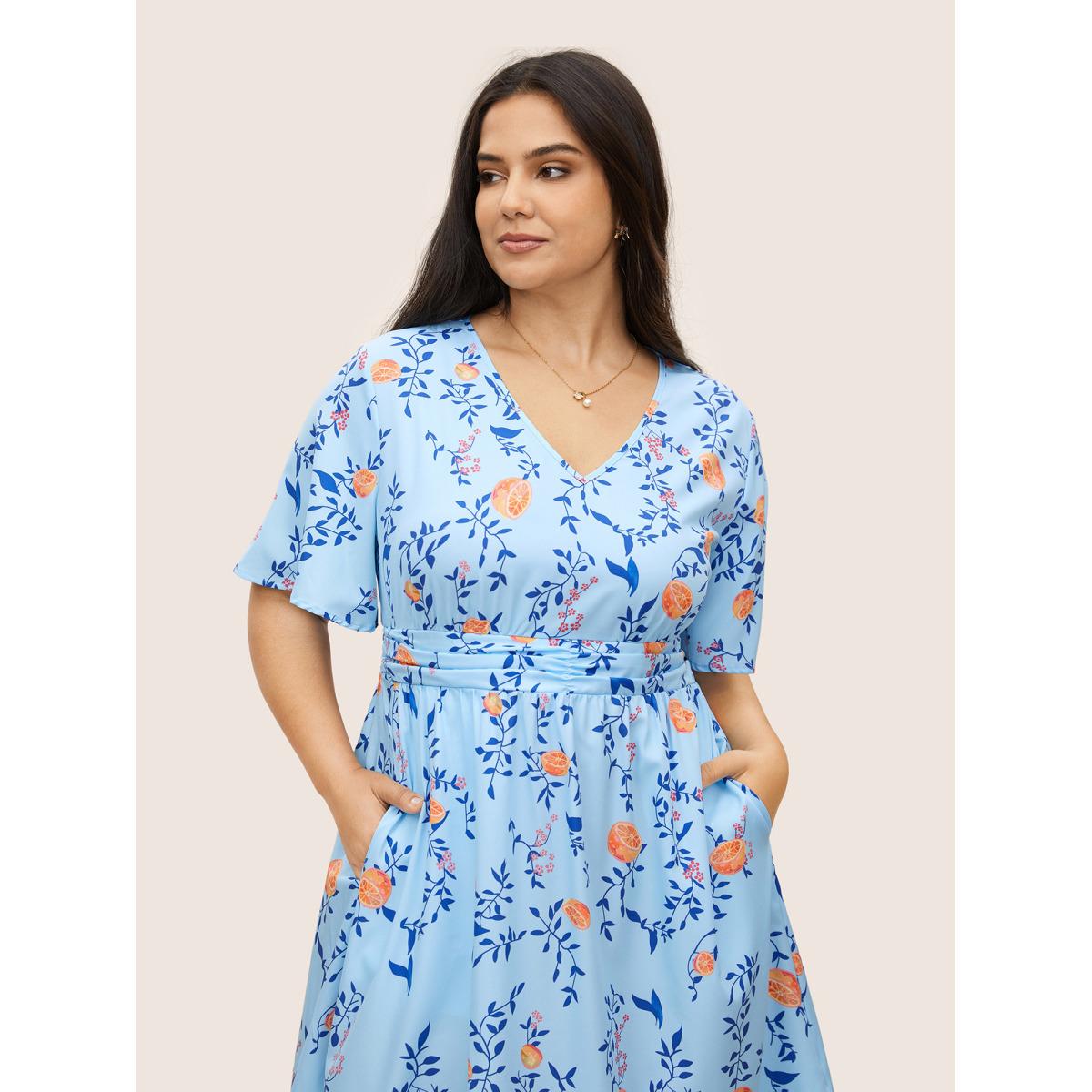 Plus Size Citrus Orange Print Ruched Ruffle Sleeve Dress LightBlue Women Elegant Gathered V-neck Short sleeve Curvy BloomChic 18-20/2X Product Image
