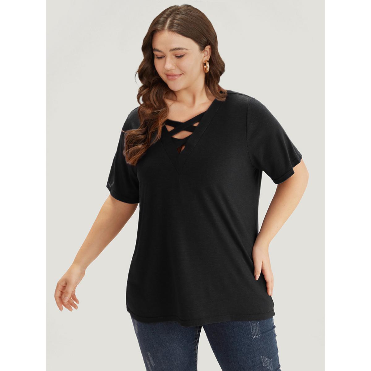 Plus Size Plain Heather Crisscross V Neck T-shirt Black Women Casual Heather Plain V-neck Dailywear T-shirts BloomChic 10/M Product Image