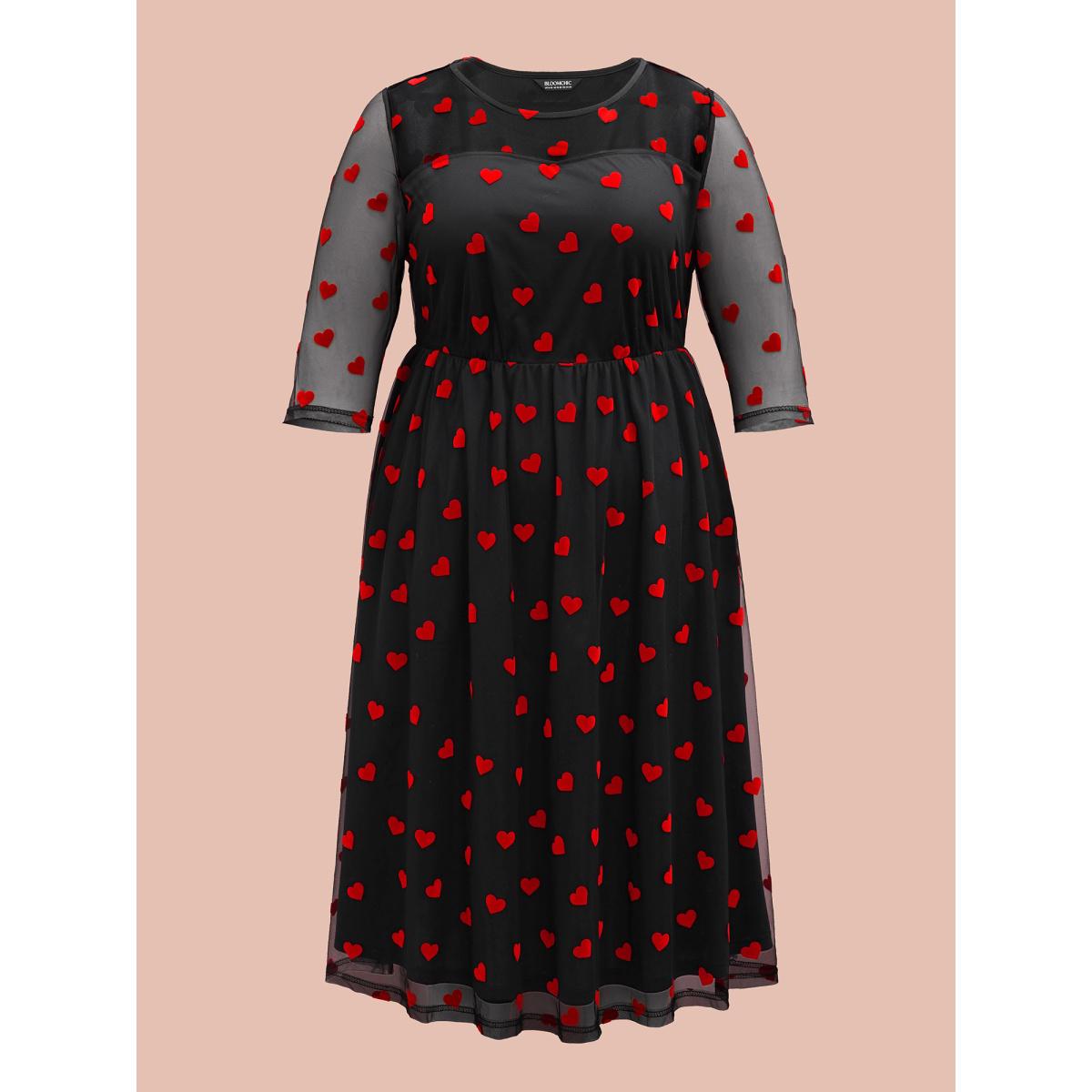 Plus Size Flocking Heart Mesh Patchwork Midi Dress Black Women Cocktail Texture Party Curvy Bloomchic 12/L Product Image