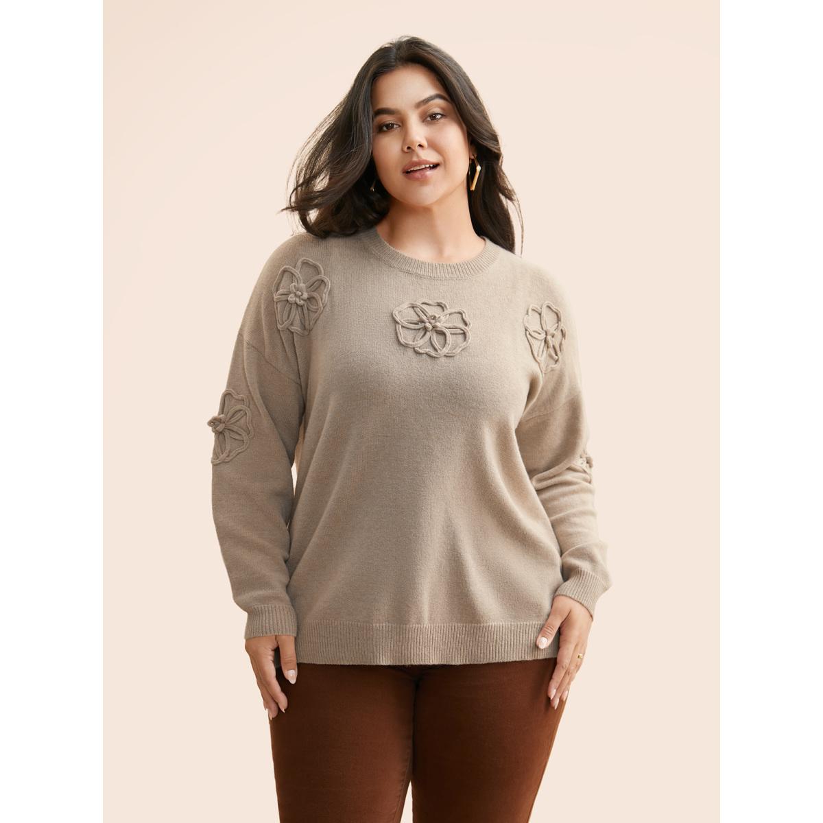 Plus Size Supersoft Essentials Stereo Flower Design Pullover Apricot Women Playful Loose Long Sleeve Round Neck Casual Pullovers BloomChic 12/L Product Image