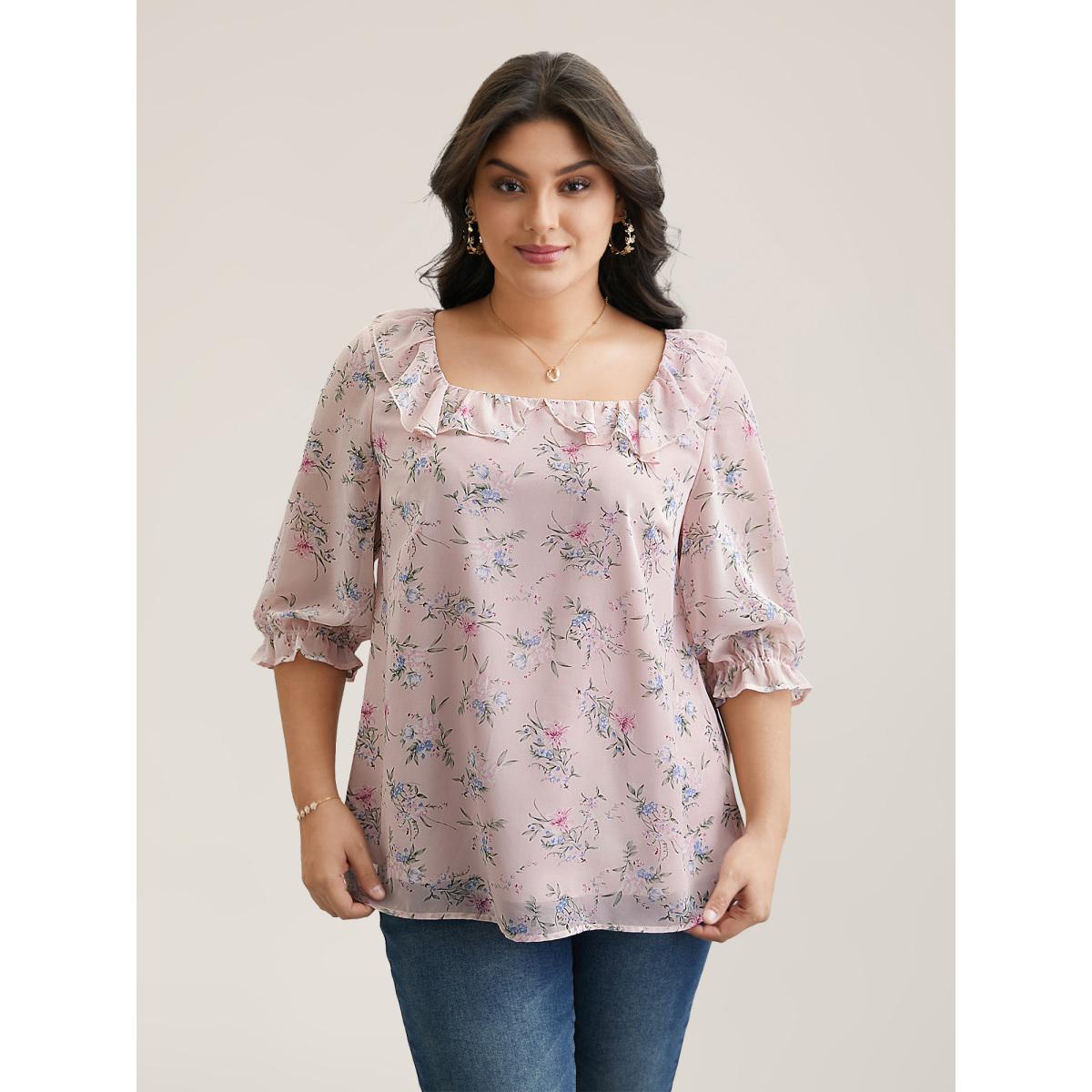 Plus Size Lightpink Chiffon Printed Ruffled Shirt Women Elegant Elbow-length sleeve Square Neck Everyday Blouses BloomChic 28/5X Product Image