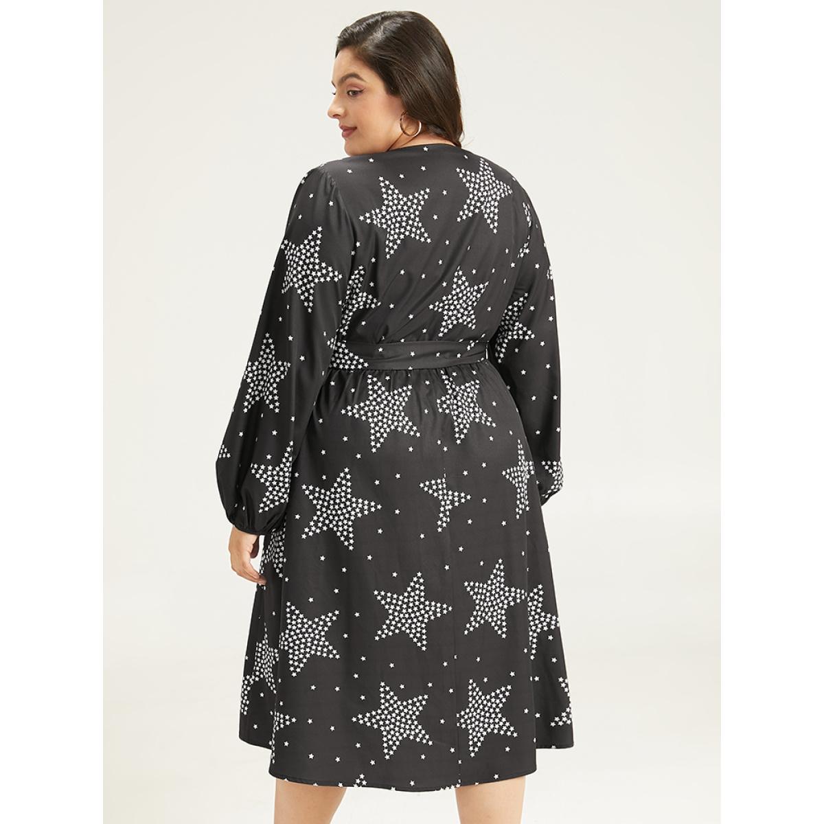 Plus Size Star Print Wrap Belted Lantern Sleeve Dress Black Women Casual Elastic cuffs V-neck Long Sleeve Curvy Midi Dress BloomChic 30/6X Product Image