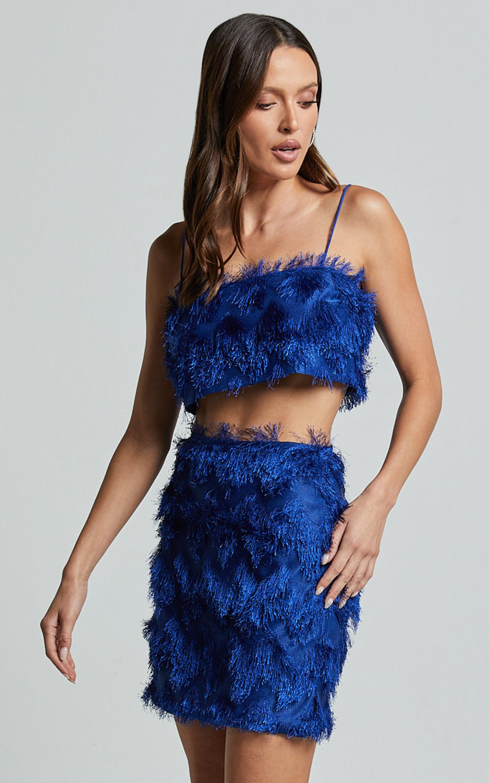 Shelby Mini Skirt - High Waist Fringe Skirt in Cobalt Blue Product Image