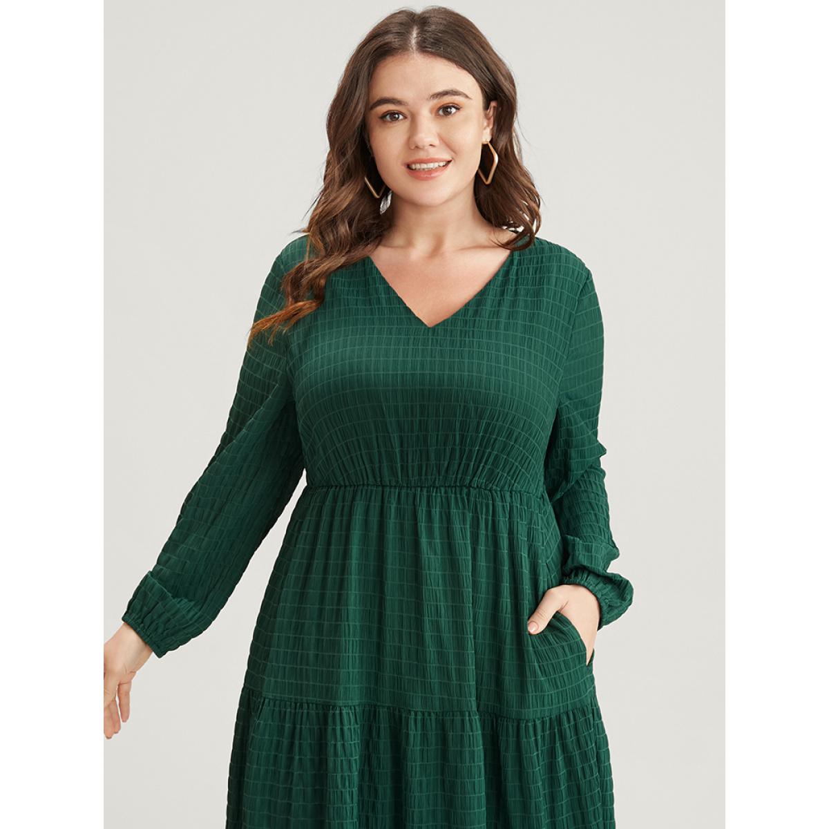 Plus Size Solid V Neck Lantern Sleeve Pocket Gingham Flutter Dress DarkGreen Women Elegant Pocket V-neck Long Sleeve Curvy Midi Dress BloomChic 22-24/3X Product Image