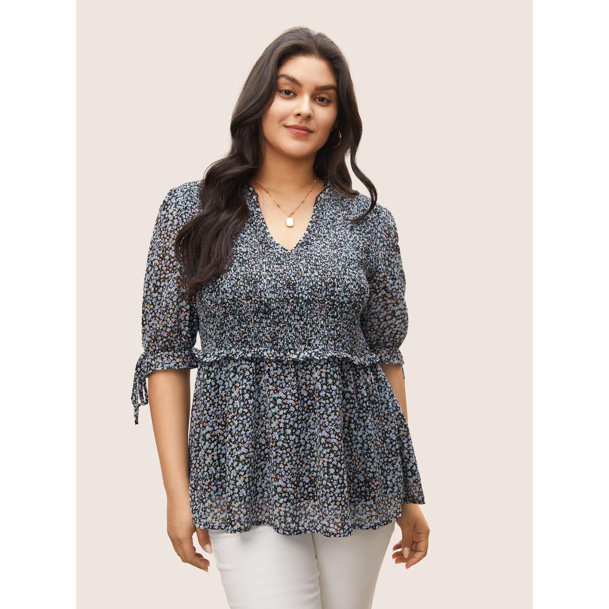 Plus Size Black Chiffon Ditsy Floral Ruffles Shirred Ties Blouse Women Elegant Short sleeve V-neck Everyday Blouses BloomChic 22-24/3X Product Image