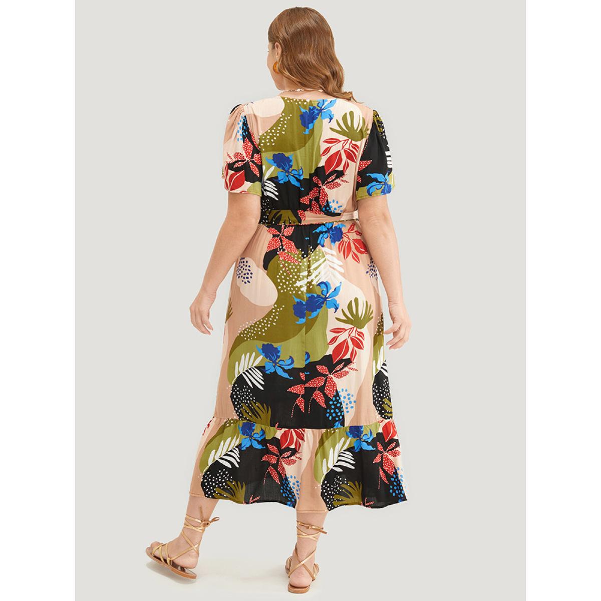 Plus Size Tropical Print Ruched Front Belt Pocket Flutter Hem Dress Multicolor Women Vacation Gathered V-neck Short sleeve Curvy Midi Dress BloomChic 14-16/1X Product Image