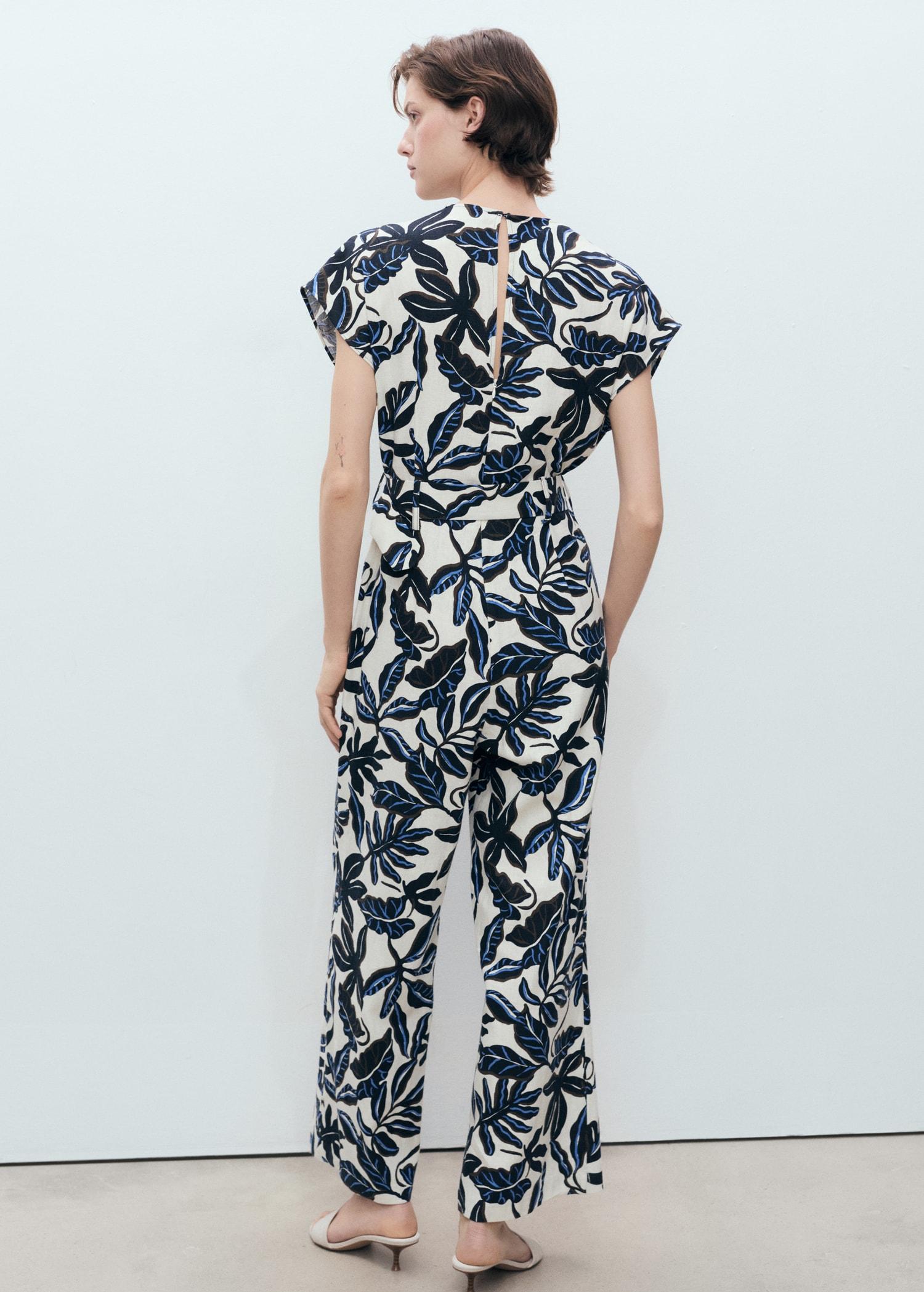 Printed linen jumpsuit with belt - Women | MANGO USA Product Image