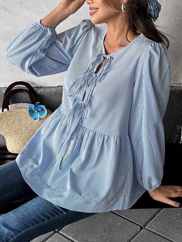 Long Sleeves Loose Elasticity Pleated Striped Tied Round-Neck Blouses&Shirts Tops Product Image